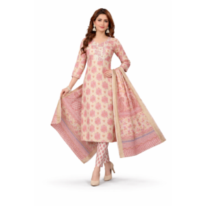 Women’s Cream & Pink Floral Printed Kurti Pant Set with Dupatta